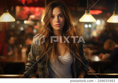Portrait of sexy young woman in restaurant, attractive adult girl stands in dark bar or cafe. Female person in with long hair looks at camera. Concept of fashion, night, beauty, model. 109035983