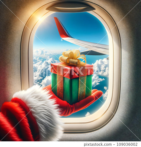 Santa's Hand Holding Gift in Airplane Window 109036002