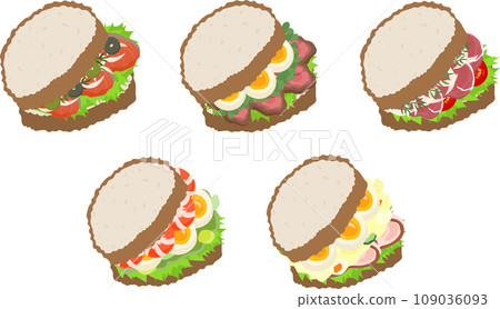 可愛的鄉村三明治的圖標，看起來很美味，使用煙燻鮭魚、烤牛肉等。 109036093