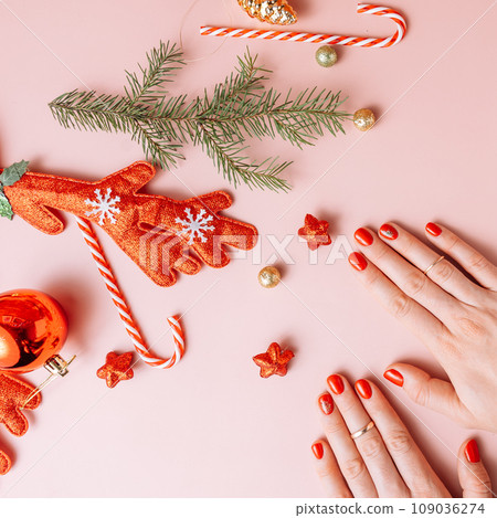 Female hands with red manicure holding small Christmas tree branch with decorations on pink background 109036274