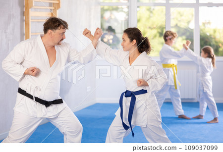 Family with children training karate techniques 109037099