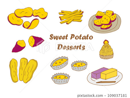 Sweet potato sweets illustration set (color, line brown) (hand drawn, handwritten) Sweet potato sweets illustration set (color, line brown) (hand drawn, handwritten) 109037181