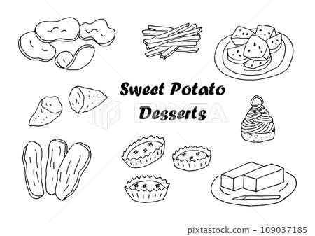 Sweet potato sweets illustration set (monochrome, black and white, outline) (hand drawn, handwritten) 109037185