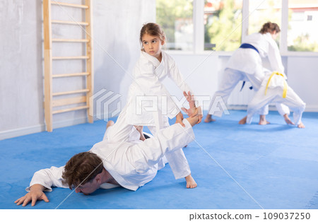 Children with parents practicing judo together on sports mats 109037250