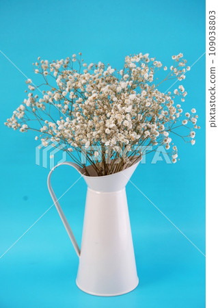 dried flower bouquet in metal vase with blue background 109038803