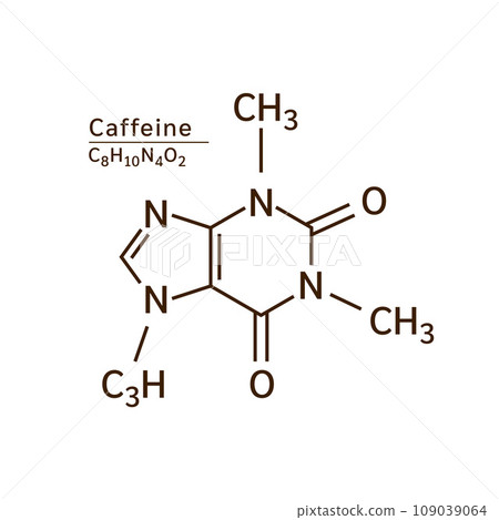 Caffeine structural chemical formula isolated on white background. Vector EPS10 illustration. Caffeine is a central nervous system stimulant. Medical and scientific concepts. Caffeine structural chemical formula isolated on white background. Vector EPS10 illustration. Caffeine is a central nervous system stimulant. Medical and scientific concepts. 109039064