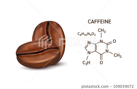 Coffee beans and Caffeine structural chemical formula. Isolated on white background. Vector EPS10 illustration. Caffeine is a central nervous system stimulant. Medical and scientific concepts. 109039072