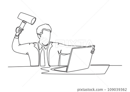 Continuous one line drawing young madness businessman ready to smack his laptop using big hammer at the office. Business risk and overload concept. Single line draw design vector graphic illustration Continuous one line drawing young madness businessman ready to smack his laptop using big hammer at the office. Business risk and overload concept. Single line draw design vector graphic illustration 109039362