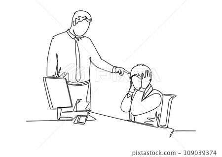 Single continuous line drawing of young upset manager pointing finger to his stressful staff and blaming the staff about bad work performance concept. One line draw graphic design vector illustration Single continuous line drawing of young upset manager pointing finger to his stressful staff and blaming the staff about bad work performance concept. One line draw graphic design vector illustration 109039374