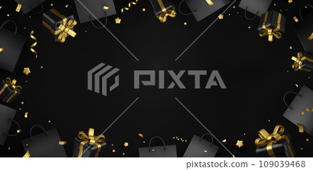 Black friday banner design of shopping bag and gift box with copy space 3D render 109039468