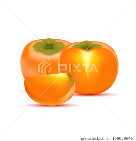 Yellow orange whole persimmon and slices. Vitamins, Healthy food fruit. On a white background. Realistic 3D Vector illustration. 109039646