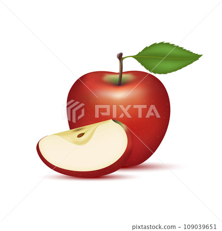 Fresh apple fruits and leaves with apples of pieces element on white background. Realistic 3D vector illustration. Fresh apple fruits and leaves with apples of pieces element on white background. Realistic 3D vector illustration. 109039651
