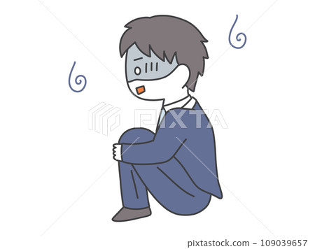 A man in a suit is worried while doing physical education sitting A man in a suit is worried while doing physical education sitting 109039657