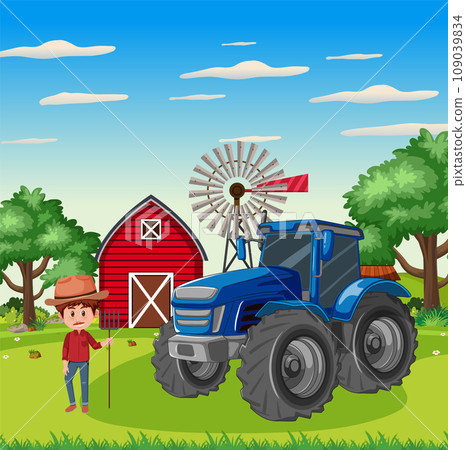 Farner at farmland with tractor and barn Farner at farmland with tractor and barn 109039834