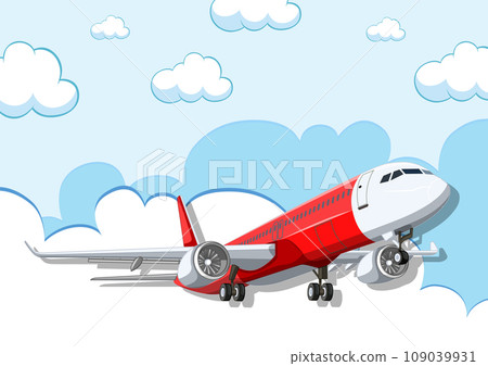 Commercial Airline Plane Flying in Blue Sky 109039931