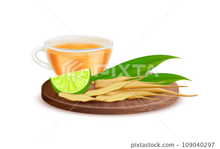 Kaempferia fresh with honey and lemon juice for health. Finger root herbal beverage with fresh rhizome. Vegetable and Herb for Seasoning in Cooking. On a wooden plate. Realistic 3d vector. 109040297