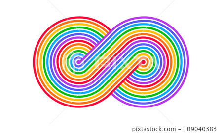 Rainbow Infinity sign. Colorful mobius eternal symbol. Stylized moebius endless shape. Bright design illustration for logo, sign, icon, poster, banner, background, cover, print. Vector illustration 109040383