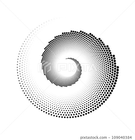 Dotted spiral lines element. Radial spinning halftone texture. Circle swirl dots shape. Abstract geometric shell background for poster, banner, logo, icon, collage, tattoo. Vector illustration Dotted spiral lines element. Radial spinning halftone texture. Circle swirl dots shape. Abstract geometric shell background for poster, banner, logo, icon, collage, tattoo. Vector illustration 109040384