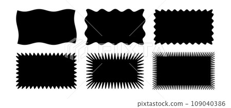 Zig zag wavy edge rectangle shape collection. Jagged rectangular form set. Black graphic design element pack for decoration, banner, poster, template, sticker, badge, label, tag, flyer. Vector bundle 109040386