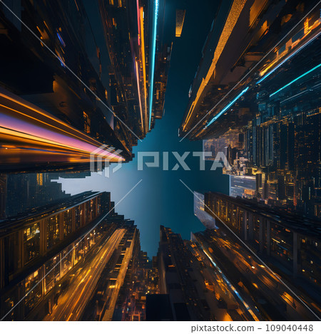 Looking up at a city at night. 109040448