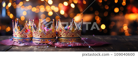 Three golden crowns sparkling festive background. Epiphany Day, Three Kings Day. Religious winter holidays card template Three golden crowns sparkling festive background. Epiphany Day, Three Kings Day. Religious winter holidays card template 109040600