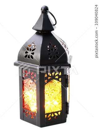 moroccan arabic metal lantern decorative candle holder isolated on white background 109040824
