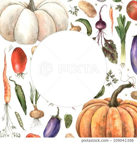 Watercolor composition of vegetables, pumpkin, eggplant, onions, beets, peppers, radishes, dill, carrots, peas, potatoes, parsley, spinach. Round background for text. Use in graphic and printing desig Watercolor composition of vegetables, pumpkin, eggplant, onions, beets, peppers, radishes, dill, carrots, peas, potatoes, parsley, spinach. Round background for text. Use in graphic and printing desig 109041386