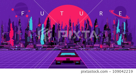 Colorful Abstract Futuristic Sci-fi Cyber Space City Landscape And A Car On The Road Background Colorful Abstract Futuristic Sci-fi Cyber Space City Landscape And A Car On The Road Background 109042219
