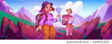 Tourists hiking in mountains with maps 109042305