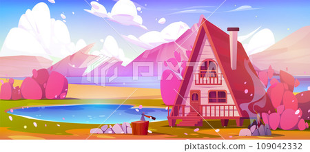Rural cottage near mountain lake in spring 109042332