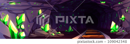 Mine cave with gemstones in walls and railroad. 109042348