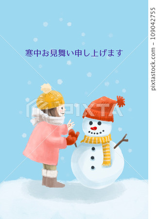A girl and a snowman's winter visit 109042755