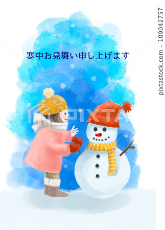 A girl and a snowman's winter visit 109042757
