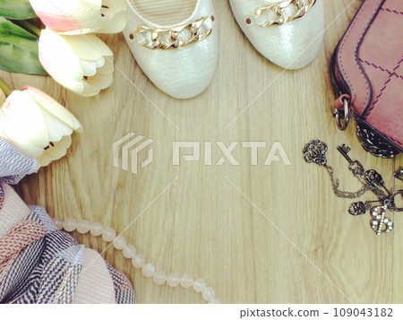 woman accessories top view of flat shoes lady bag and scarf with space background 109043182