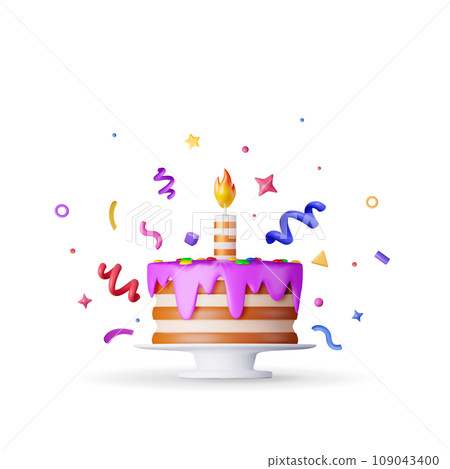3D Cake with Candle and Confetti 3D Cake with Candle and Confetti 109043400