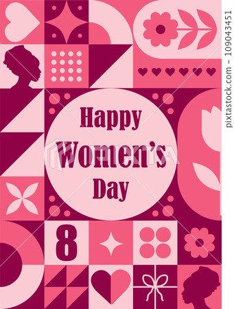 8 march modern neo geometric poster. International womens day. Abstract background with simple icons in bauhaus minimalist style. Vector illustration. Trendy greeting card template 8 march modern neo geometric poster. International womens day. Abstract background with simple icons in bauhaus minimalist style. Vector illustration. Trendy greeting card template 109043451