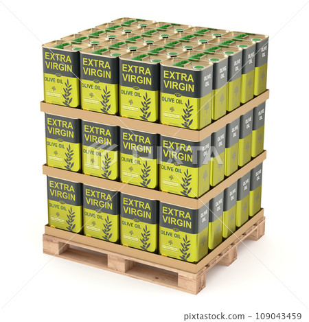 Olive oil cans with abstract label on wooden pallet - 3D illustration 109043459