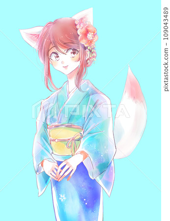 Woman wearing fox-eared kimono, hair ornament, above the knee 109043489