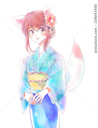 穿著狐耳和服、頭飾、膝蓋以上的女人 109043490
