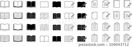 書籍、筆記本、文件線圖和剪影圖示集 書籍、筆記本、文件線圖和剪影圖示集 109043712