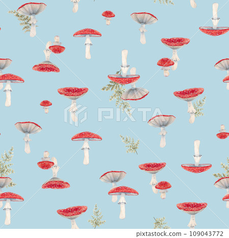 Beautiful seamless pattern with watercolor hand drawn fly agaric mushroom. Stock illustration. 109043772