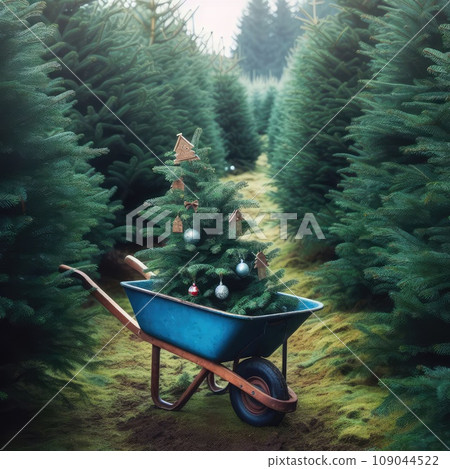 German Tradition: Families Choosing Christmas Trees on a Blue Carriage at Fir Plantation 109044522