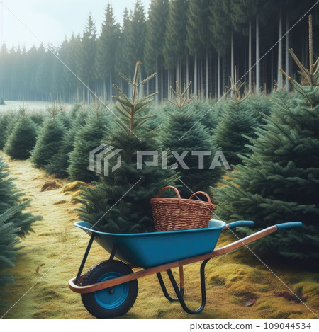 German Tradition: Families Choosing Christmas Trees on a Blue Carriage at Fir Plantation 109044534