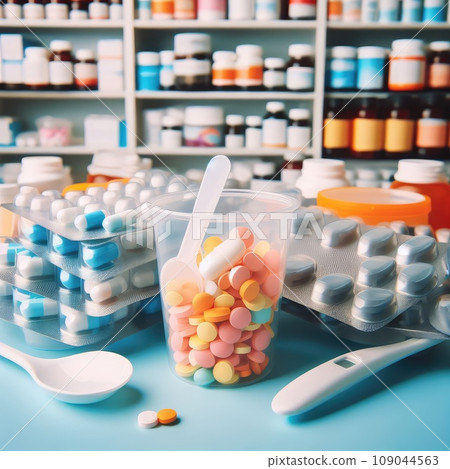 photo of plastic spoon and plastic glass full of different pills on drugs store background photo of plastic spoon and plastic glass full of different pills on drugs store background 109044563