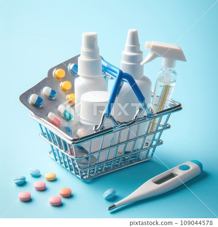 Buy and shopping medicine concept. Various capsules, tablets and medicine in shop trolley on a blue background. 109044578