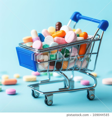 Buy and shopping medicine concept. Various capsules, tablets and medicine in shop trolley on a blue background. 109044585