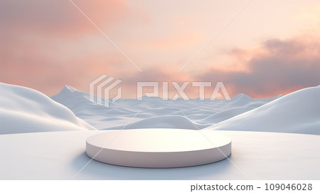 Round snow podium in the middle of a snowy landscape. The podium is surrounded by tall, green trees covered in a thick layer of snow. Round snow podium in the middle of a snowy landscape. The podium is surrounded by tall, green trees covered in a thick layer of snow. 109046028