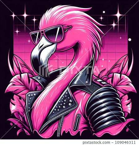Rocker pink flamingo: Flamingo rocking a leather jacket and sunglasses 109046311