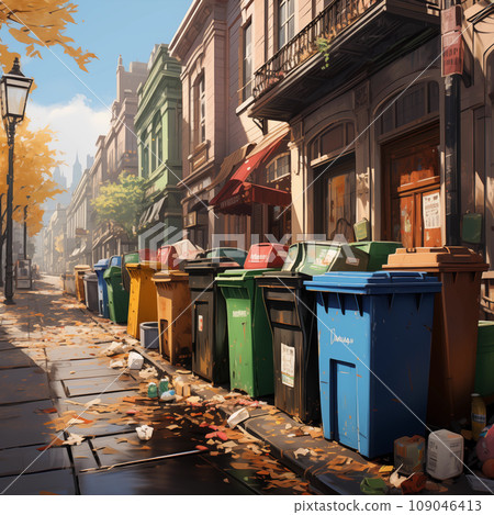 Full trash cans in the city on the street. Pollution of nature. AI generativ. Full trash cans in the city on the street. Pollution of nature. AI generativ. 109046413