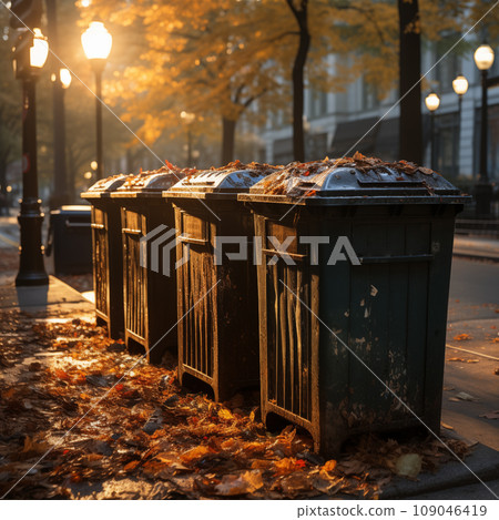 Full trash cans in the city on the street. Pollution of nature. AI generativ. 109046419